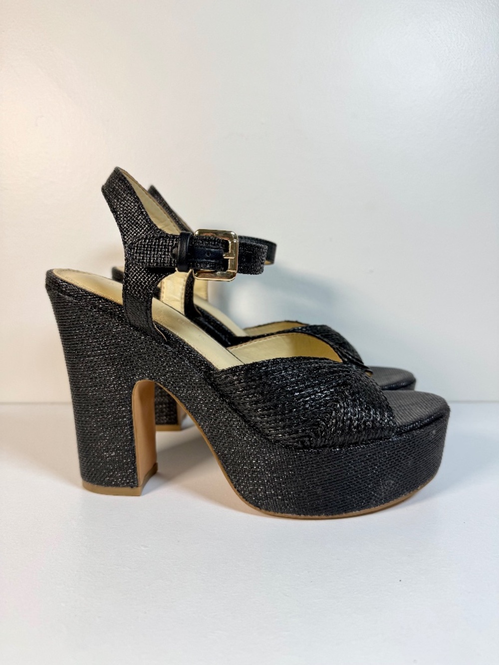 Marc Fisher LTD Black Raffia Platform Sandals | Woven Chunky Block Heel | Size 7